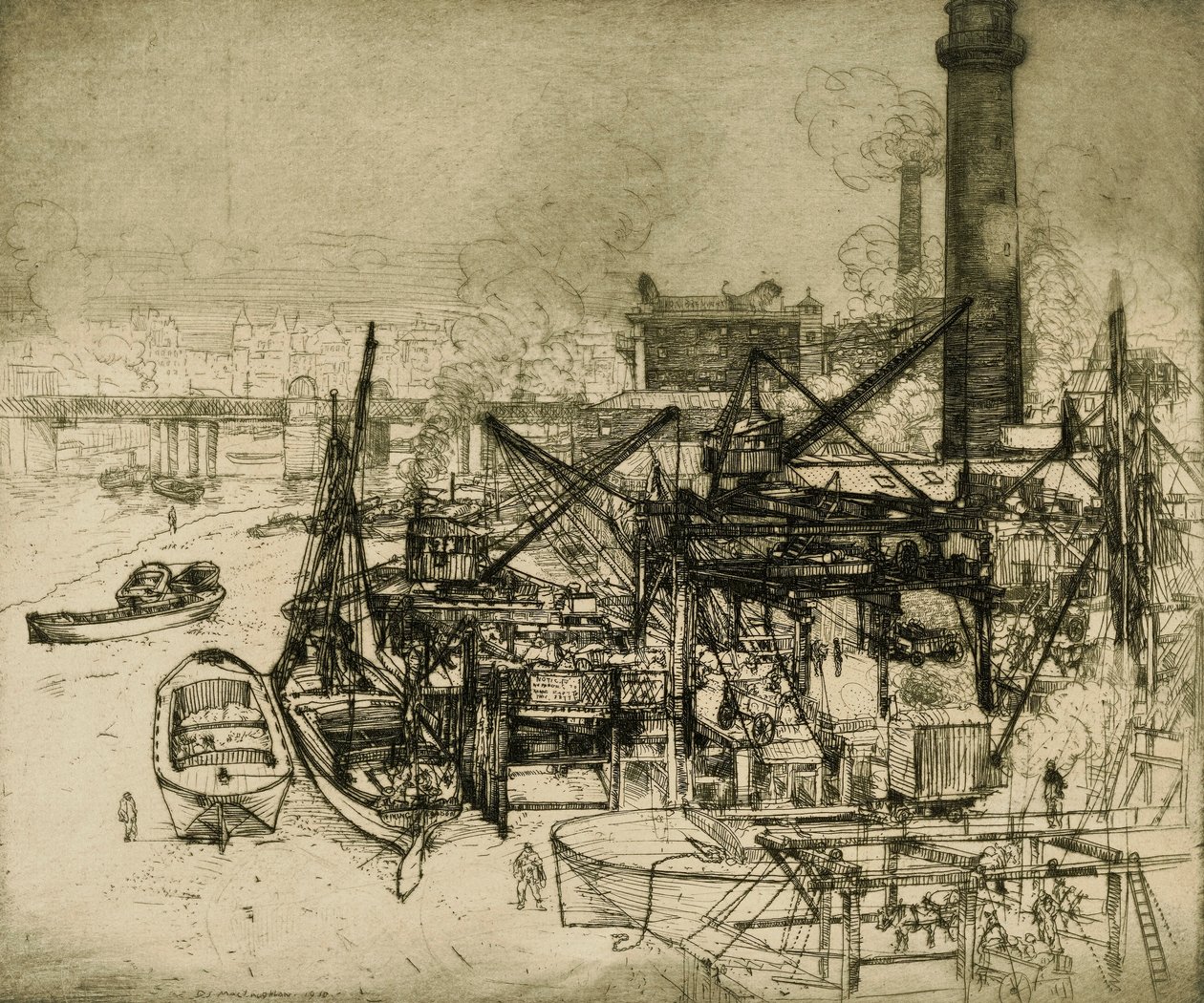 Cheminées et grues sur la Tamise - Donald Shaw MacLaughlan