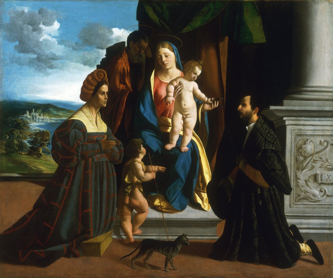 La Sainte Famille, avec le jeune Saint Jean-Baptiste, un chat et deux donateurs - Dosso Dossi