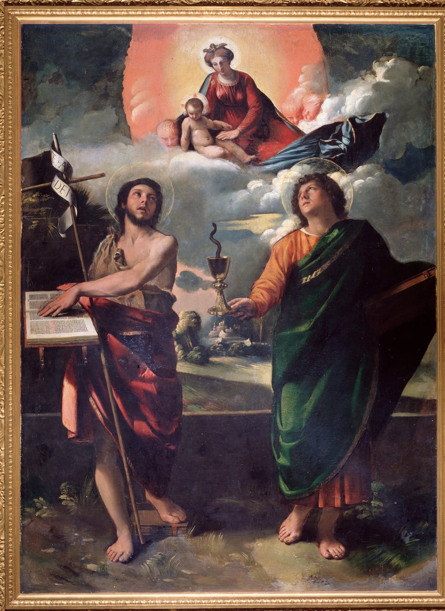 Vierge et enfant avec Saint Jean-Baptiste et Saint Jean évangéliste Saint Jean tient un calice ou dépasse un serpent - Dosso Dossi