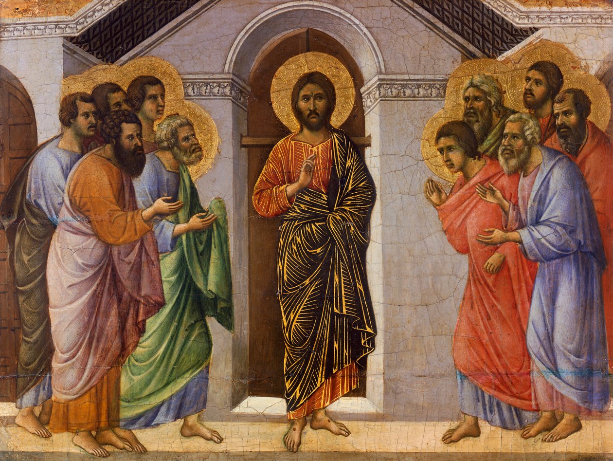 Le Christ apparaît aux apôtres à huis clos, détail des Épisodes de la Passion et de la Résurrection du Christ, partie de la Maestà du Retable de Duccio dans la cathédrale de Sienne - Duccio di Buoninsegna