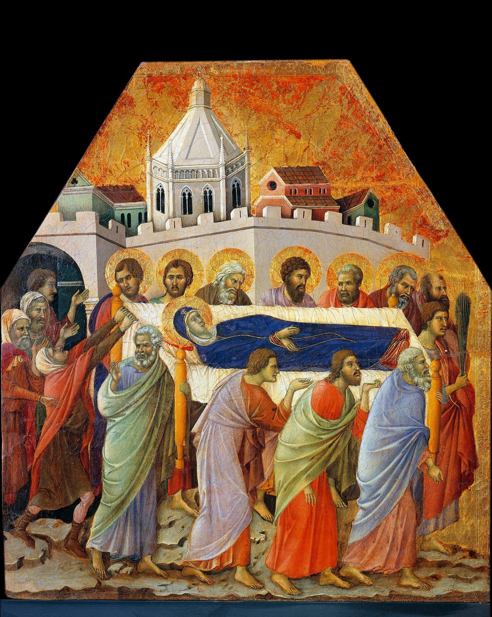 Les funérailles de la Vierge, Saint Jean avec le palmier ouvre la voie - Duccio di Buoninsegna