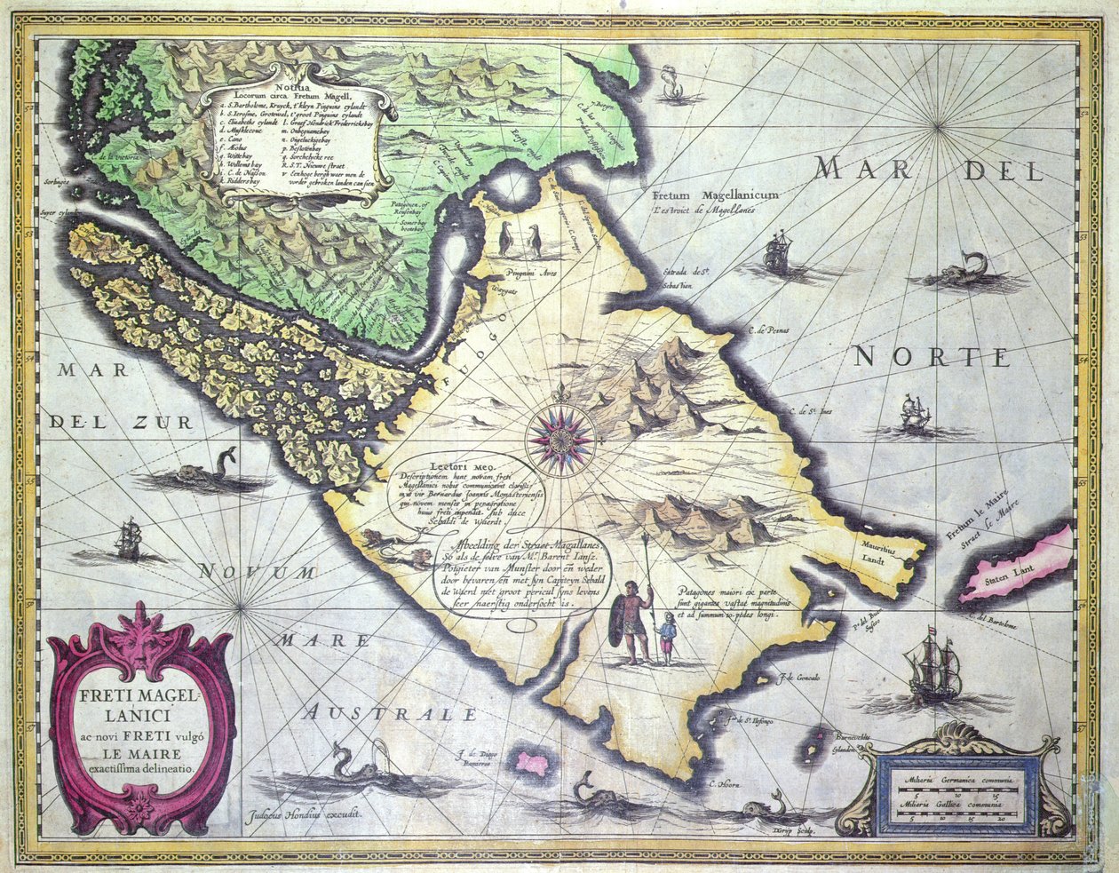 Carte du détroit de Magellan, Patagonie (gravure en couleur) - Dutch School