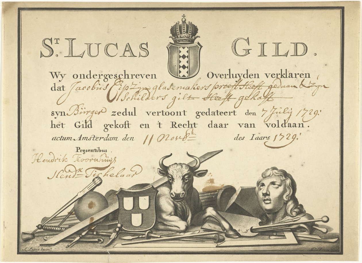Reçu de la Guilde de Saint-Luc à Amsterdam pour le vitrier James Cip, 1729 - Dutch School