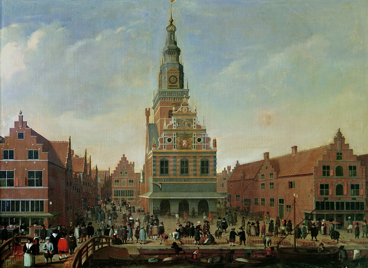 Vue de la maison de pesée et du marché aux fromages à Alkmaar - Dutch School
