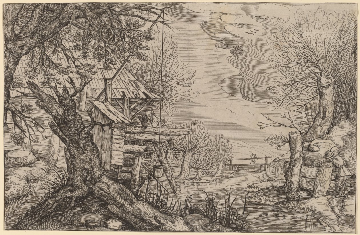 Paysage avec maison en rondins près d