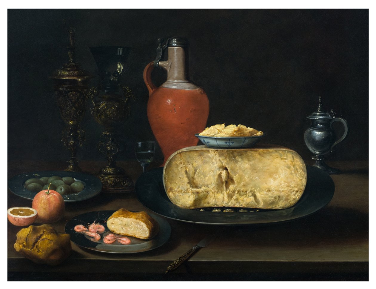 Nature morte avec fromage, beurre, pain, crevettes, oranges, olives et vin sur une table - Dutch School