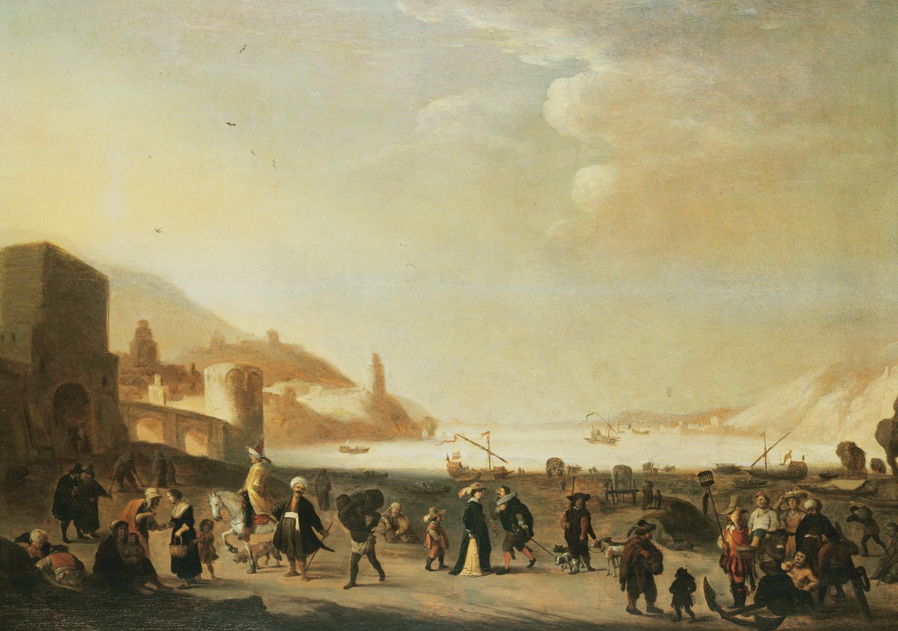 Un port avec des vendeurs de rue et des paysans au premier plan - Dutch School