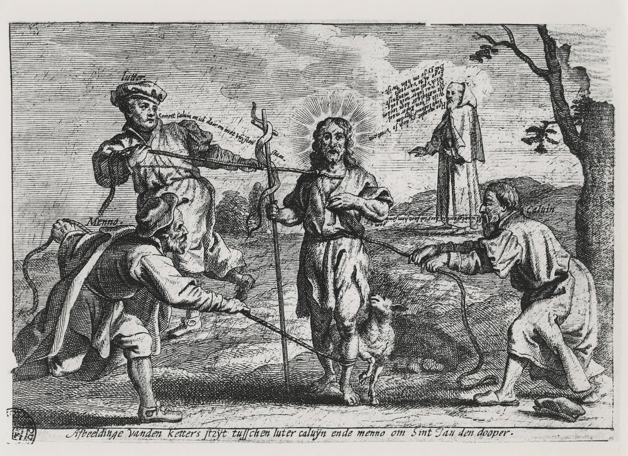 Caricature de Luther, Calvin et Menno Simons disputant le Christ et son enseignement - Dutch School