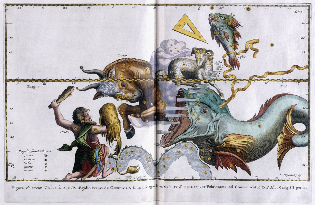 Carte céleste des constellations : Orion, Taureau, Bélier et Poissons, 1666-1668 - Dutch School