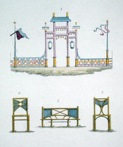 Porte chinoise et sièges de jardin, de 
