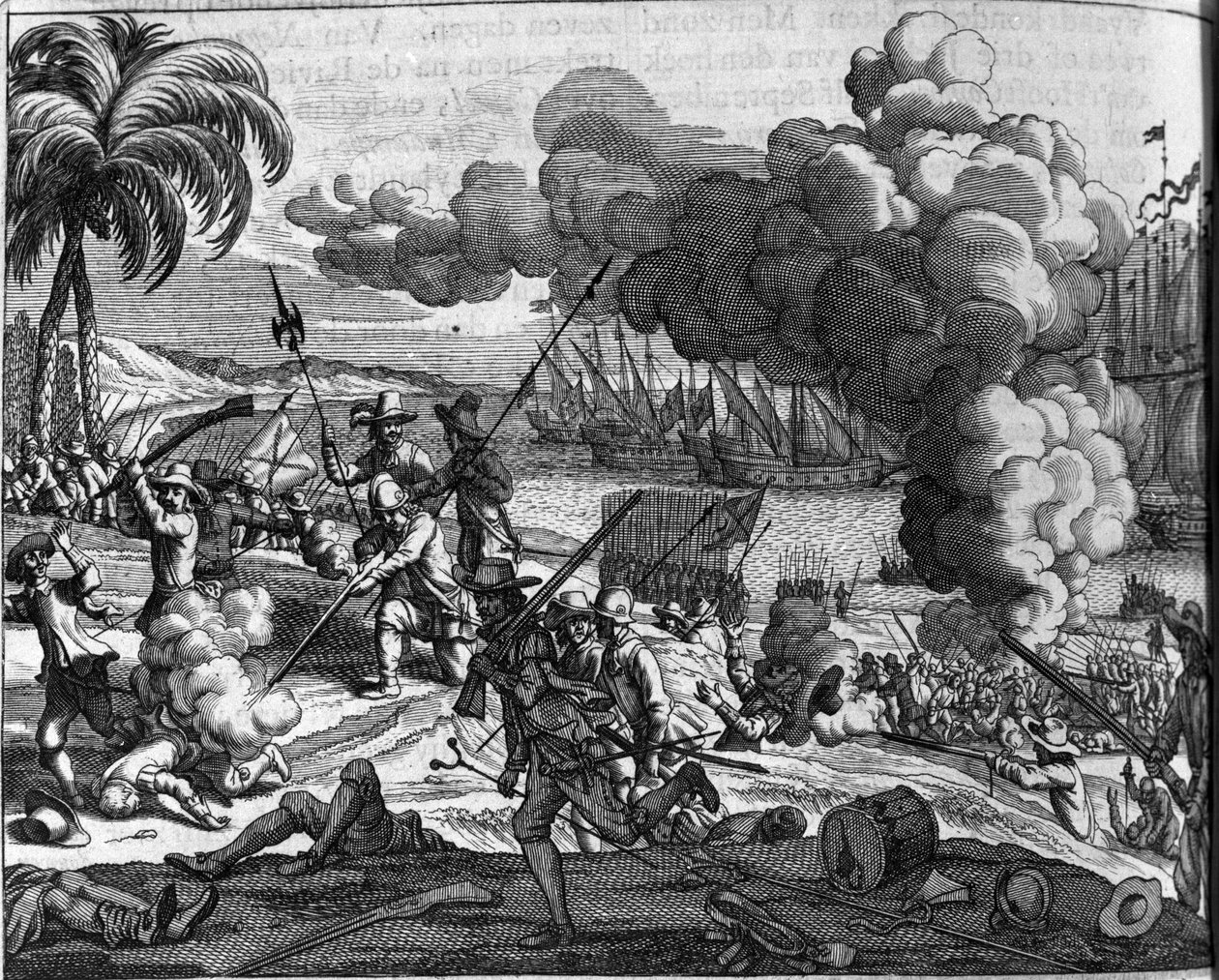 Colonisation : les flottes néerlandaises chassant les Portugais de Ceylan (actuel Sri Lanka) en 1658. Gravure néerlandaise de Afgoderye de oost-indische heydenen (Description des pays de l