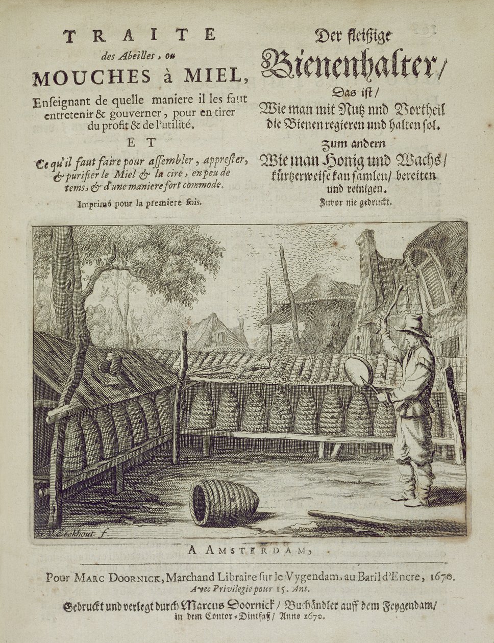 Couverture de Traité des Abeilles, ou Mouches à Miel... imprimé en français et en allemand, gravé par G.V.Eckhout, Amsterdam 1670 - Dutch School