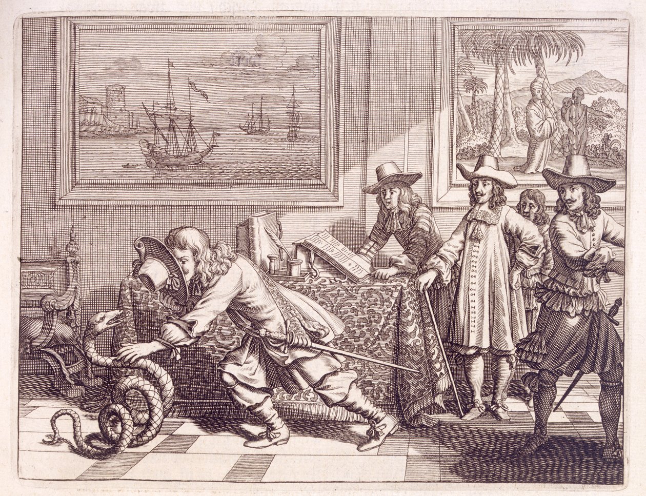 Affrontement avec un cobra qui a envahi les chambres des officiers néerlandais, 1672 - Dutch School
