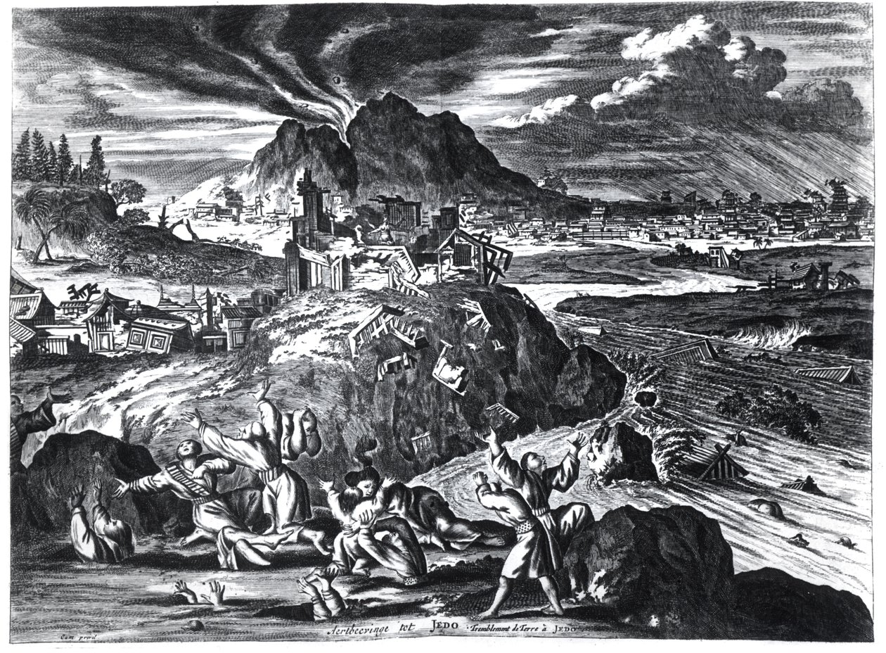 Tremblement de terre à Edo (Tokyo) en 1659, illustration du récit par Arnold Montanus des ambassades envoyées par la Compagnie néerlandaise des Indes orientales à l