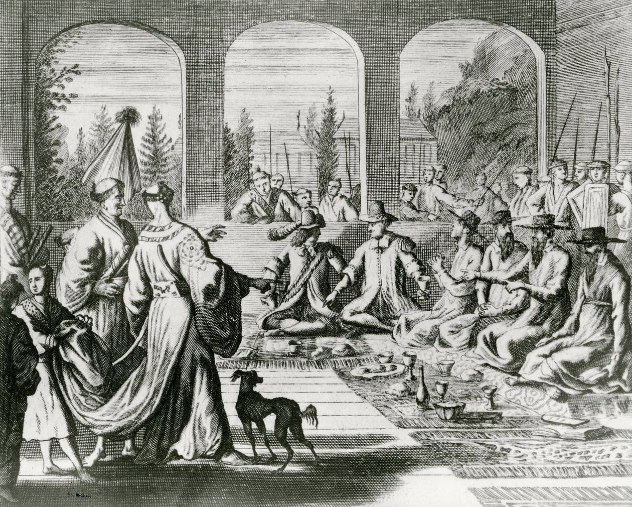 Jésuites avec des marchands néerlandais et portugais à la cour japonaise, vers 1670 (gravure) - Dutch School