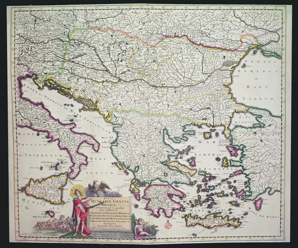 Carte de la Grèce, de la Hongrie et de leurs pays environnants (gravure en couleur) - Dutch School