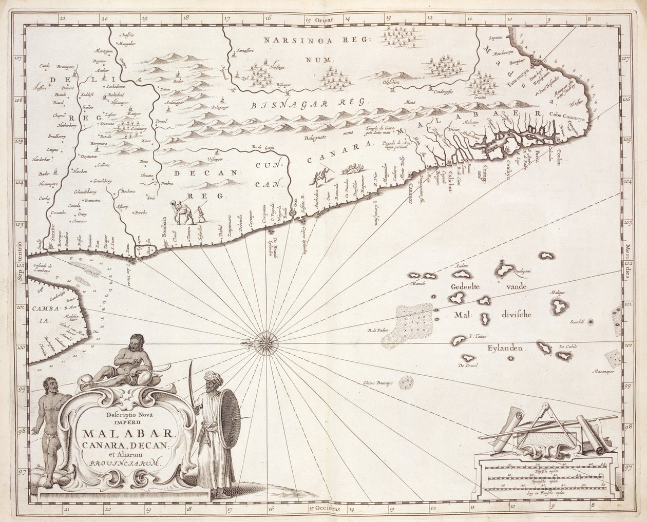 Carte de la côte de Malabar, Indes orientales, 1672 - Dutch School