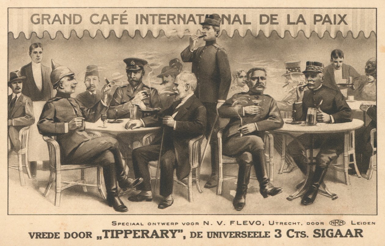 Militaires, hommes politiques et policiers assis devant le Grand Café International de la Paix (litho) - Dutch School