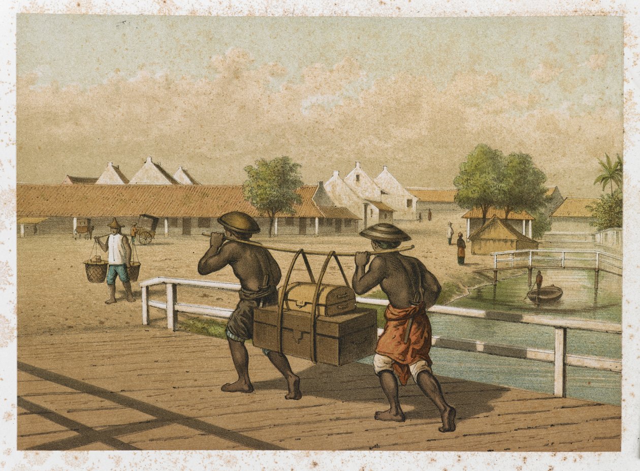 Porteurs indigènes transportant des bagages, Indes orientales néerlandaises - Dutch School