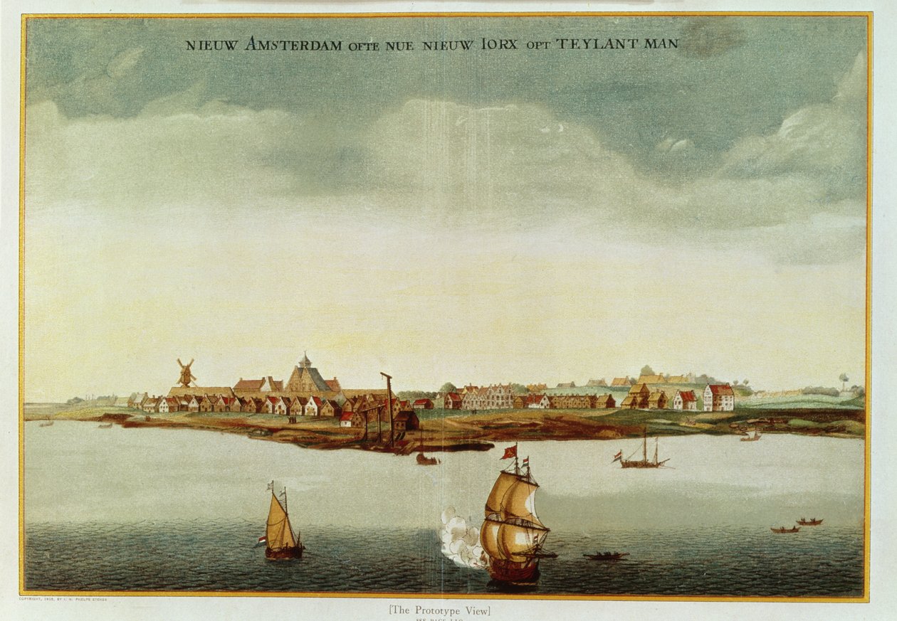 Nouvelle-Amsterdam, vers 1650-53 (La Vue Prototype) utilisée pour le frontispice de Stokes Iconography, vol.1, 1915 - Dutch School