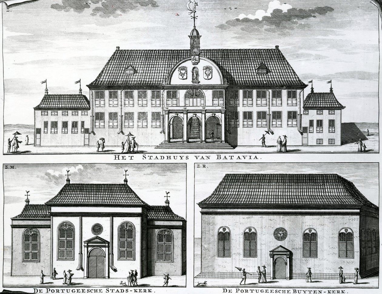 Église portugaise et hôtel de ville à Batavia, 19ème siècle - Dutch School