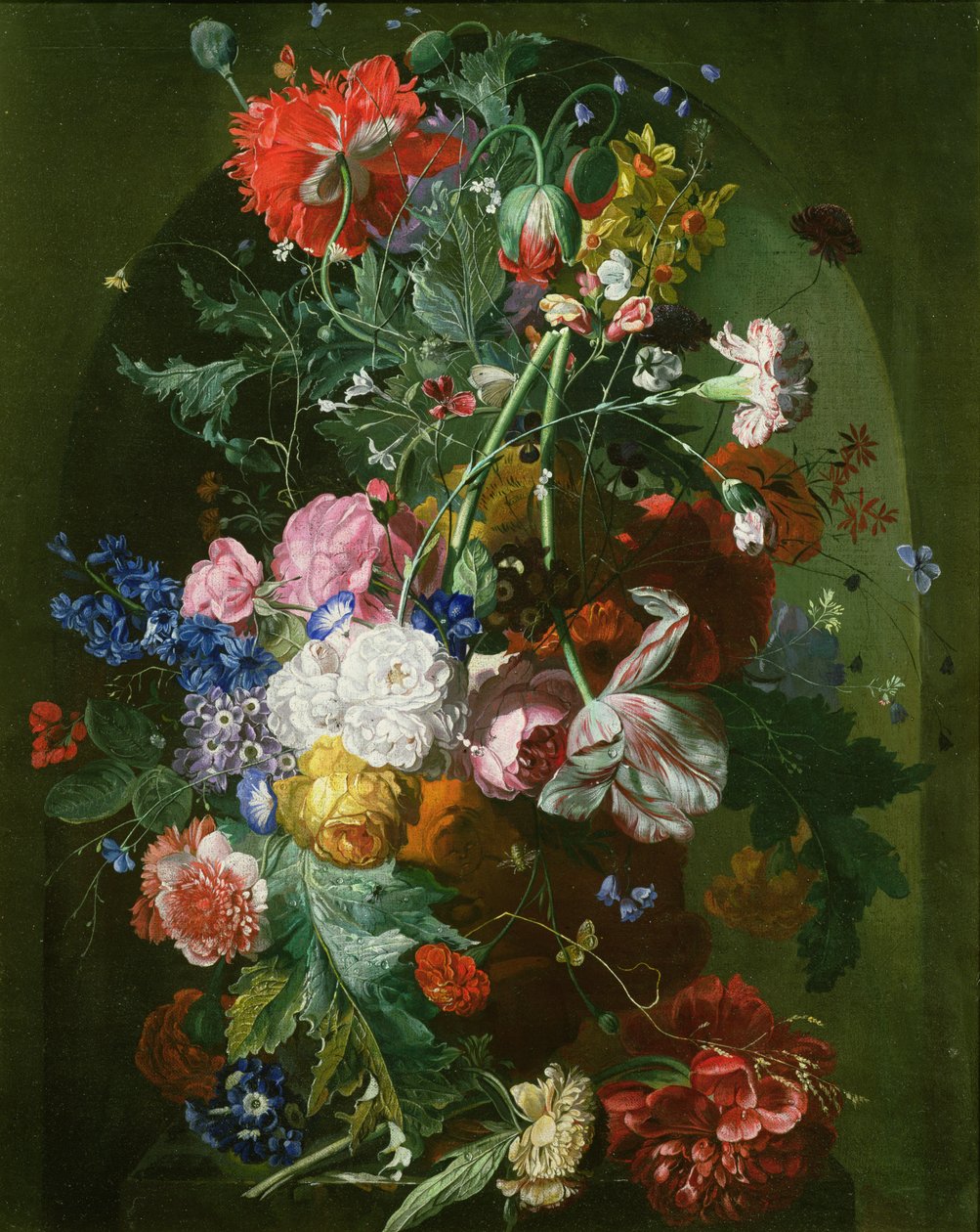 Nature morte de fleurs dans un vase en terre cuite dans une niche - Dutch School