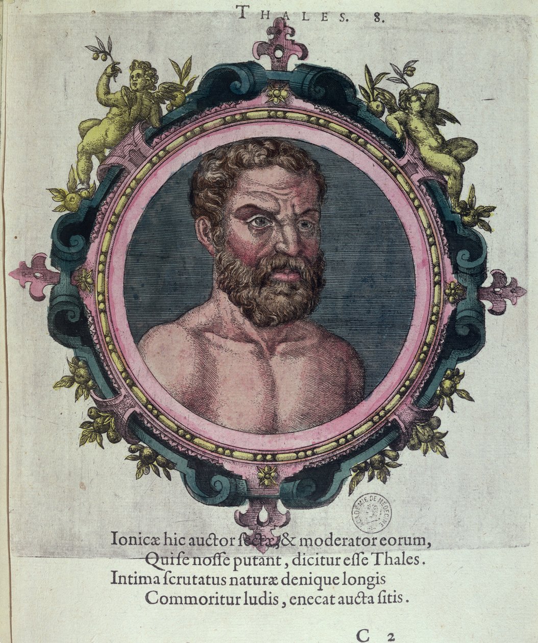 Thalès de Milet (c.625-547 av. J.-C.), illustration de Veterum et Recentium Medicorum Philosophorumque Icones par Johannes Sambucus (1531-1584), publiée par Plantin à Anvers en 1574 (gravure en couleur) - Dutch School