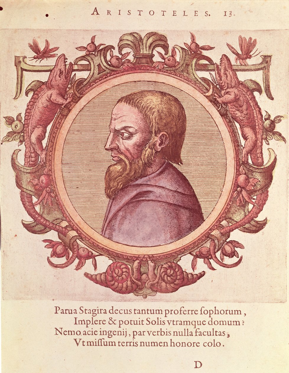 Le philosophe Aristote (384-322 av. J.-C.), illustration de Veterum et Recentium Medicorum Philosophorumque Icones par Johannes Sambucus (1531-1584), publiée par Plantin à Anvers en 1574 (gravure en couleur) - Dutch School