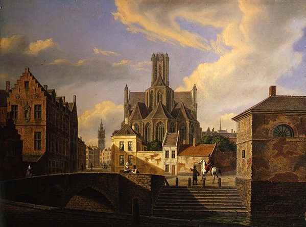 Paysage urbain avec un canal, un pont, des marches et des figures, avec une église médiévale et la tour d