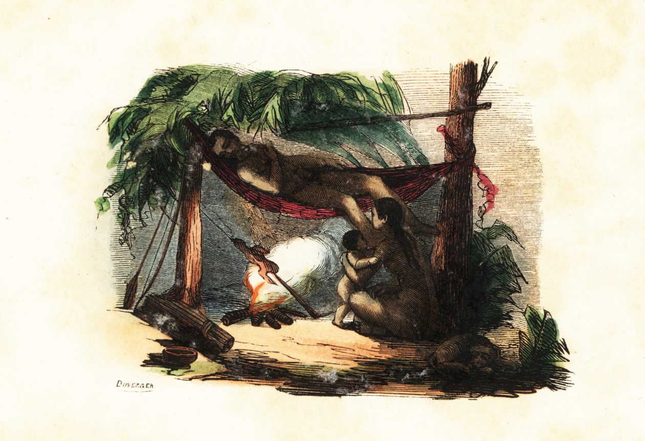 Famille nomade Puri se reposant dans une hutte faite de feuilles et de branches, homme allongé dans un hamac, femme rôtissant de la viande sur un feu - Duverger Duverger