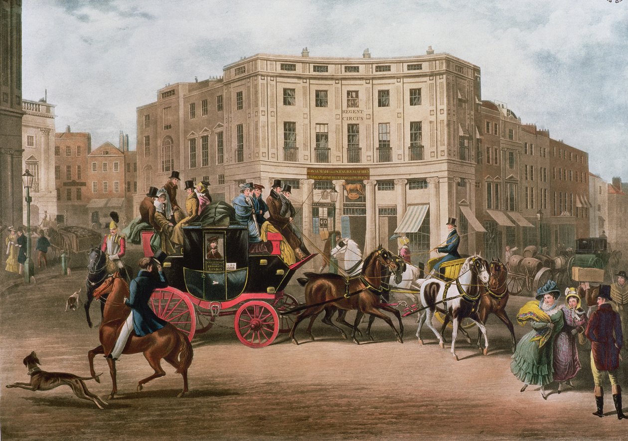 The Age, Brighton Coach au Bull and Mouth, Regent Circus, Piccadilly, gravé par G.V.C. Hunt, 1829 - E. F. Lambert
