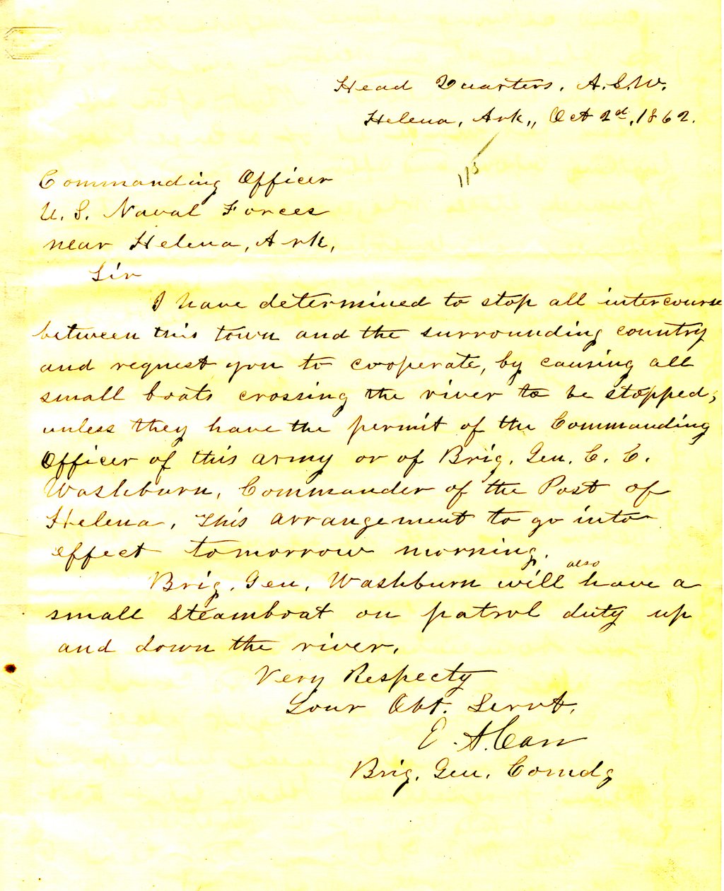 Lettre de E. A. Carr, Helena, Arkansas, au commandant des forces navales américaines près de Helena, Arkansas, 2 octobre 1862 - E.A. Carr