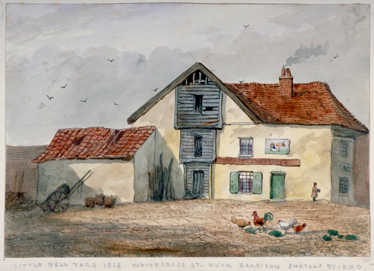 Vue de Little Bell Yard, Whitecross Street, avec des poules au premier plan, Londres, 1868 - EH Davies
