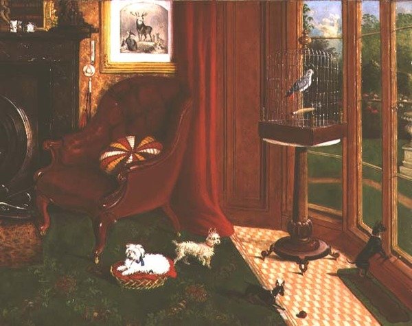 Intérieur avec terriers et un perroquet en cage - E.M. Fox