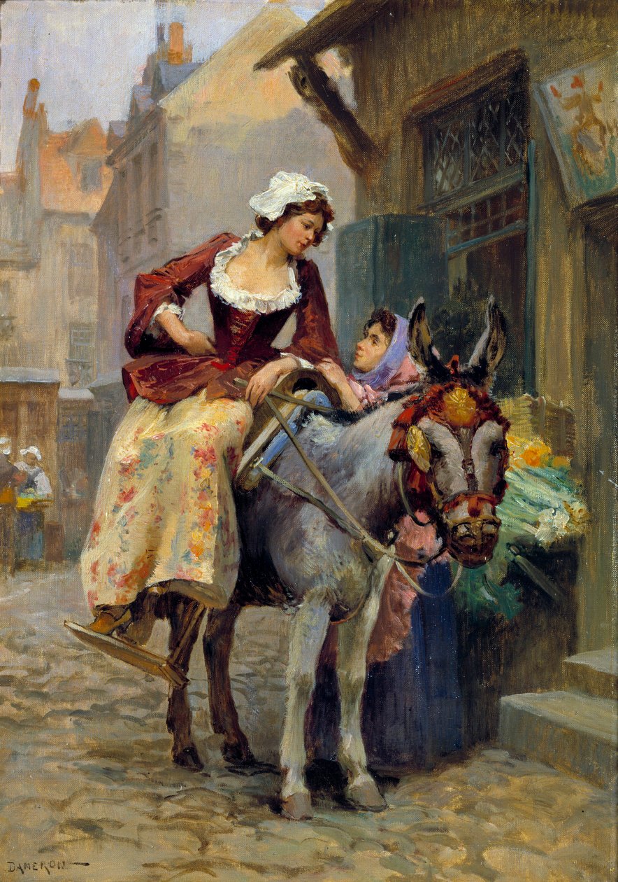 Le petit âne. Une femme chevauchant en amazone sur un âne, les pieds dans une rainure appropriée - E. Dameron