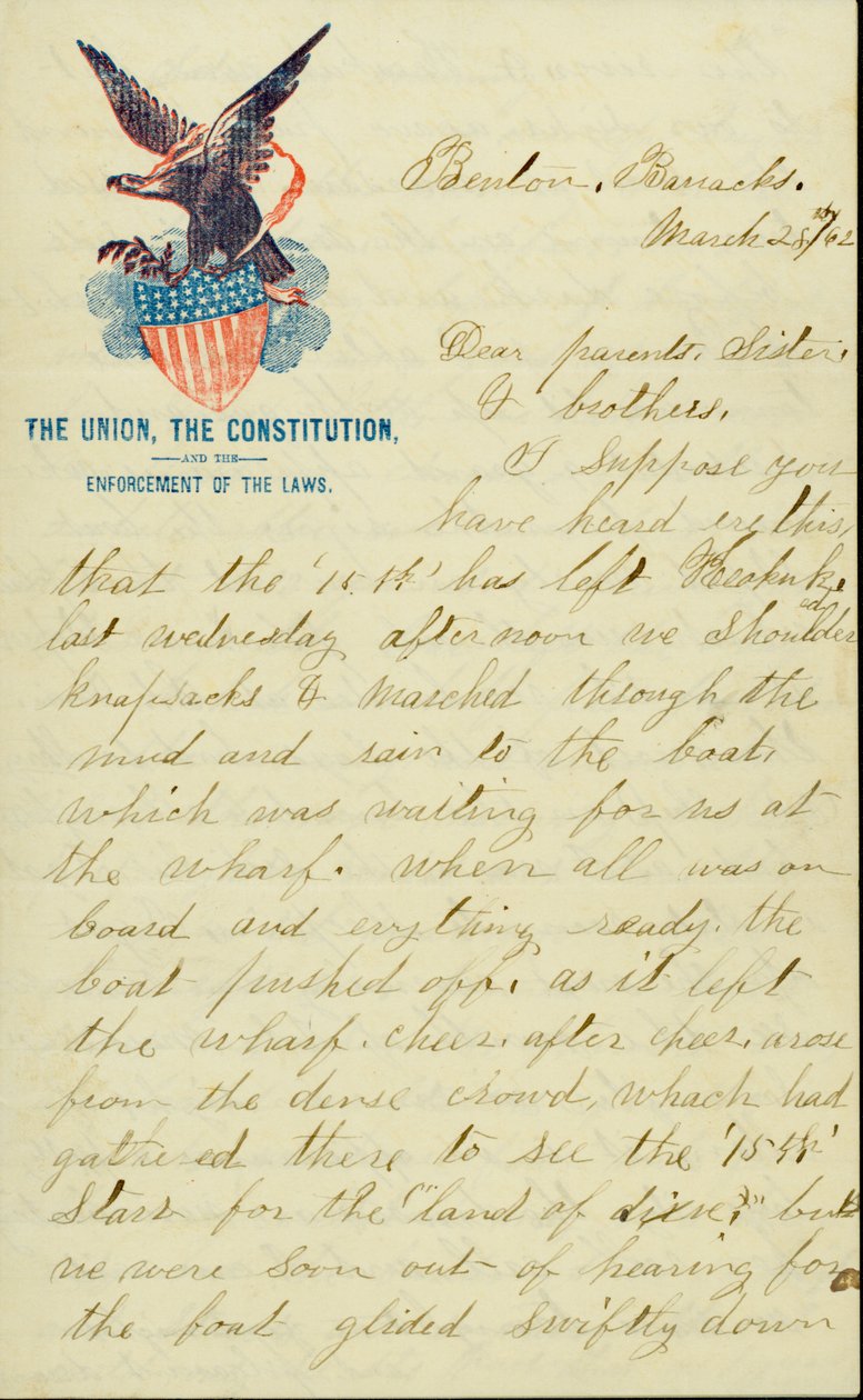 Lettre signée E.G. Black, Benton Barracks, Mo., à ses parents, sœur et frères, 28 mars 1862 - E. G. Black
