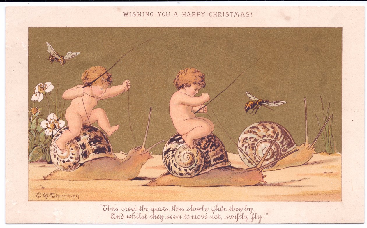 Carte de Noël victorienne de deux bébés nus chevauchant des escargots escortés par des guêpes sur fond doré - E. Gertrude Thompson