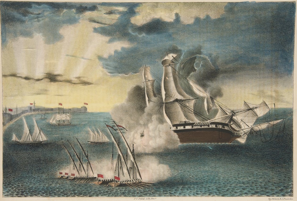 La frégate américaine Philadelphia sur les rochers au large de Tripoli, de Army and Navy Magazine, pub. 1840 - E. J. Pinkerton