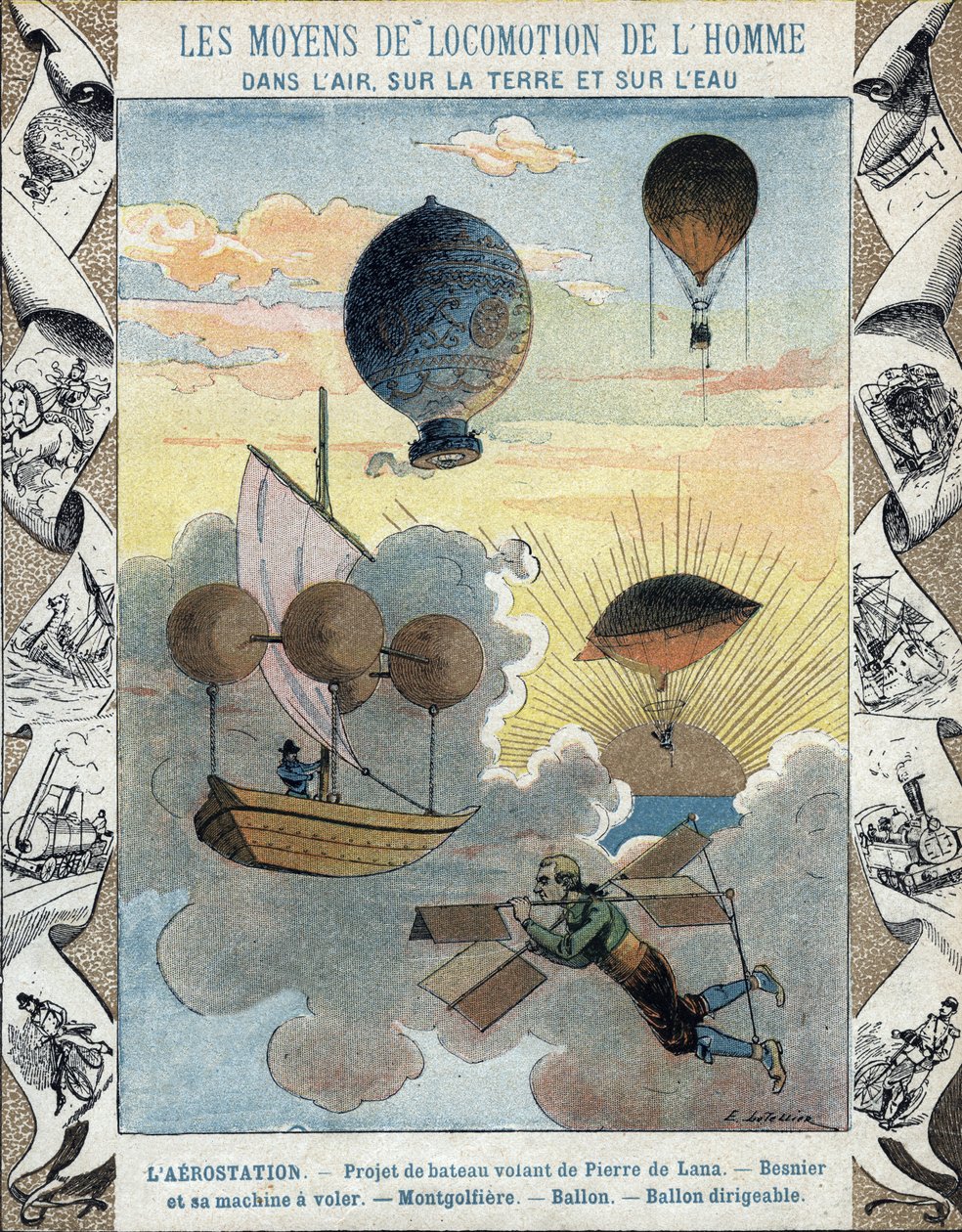 Aérostation - Projet de bateau volant de Pierre de Lana - Appareil volant de Besnier (1678) - Ballon - Ballon dirigeable - illustration de E Letellier - Protéger cahier historique, fin du 19ème siècle - E. Letellier