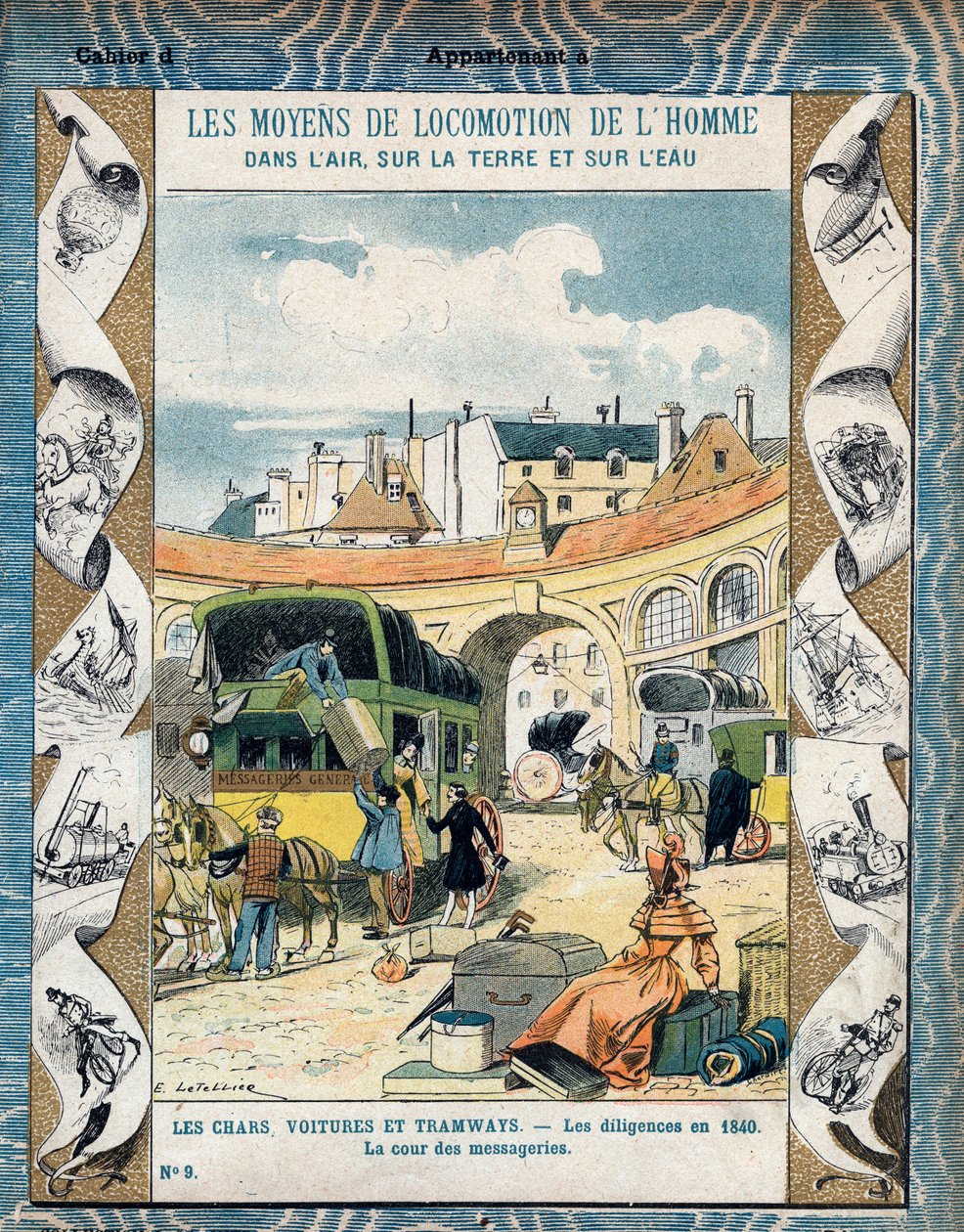 Diligence en 1840 - la cour des messageries - De la couverture protectrice pour livres scolaires, fin XIXe siècle - illustration par E. Letellier - Protège-cahier historique, fin XIXe siècle - E. Letellier