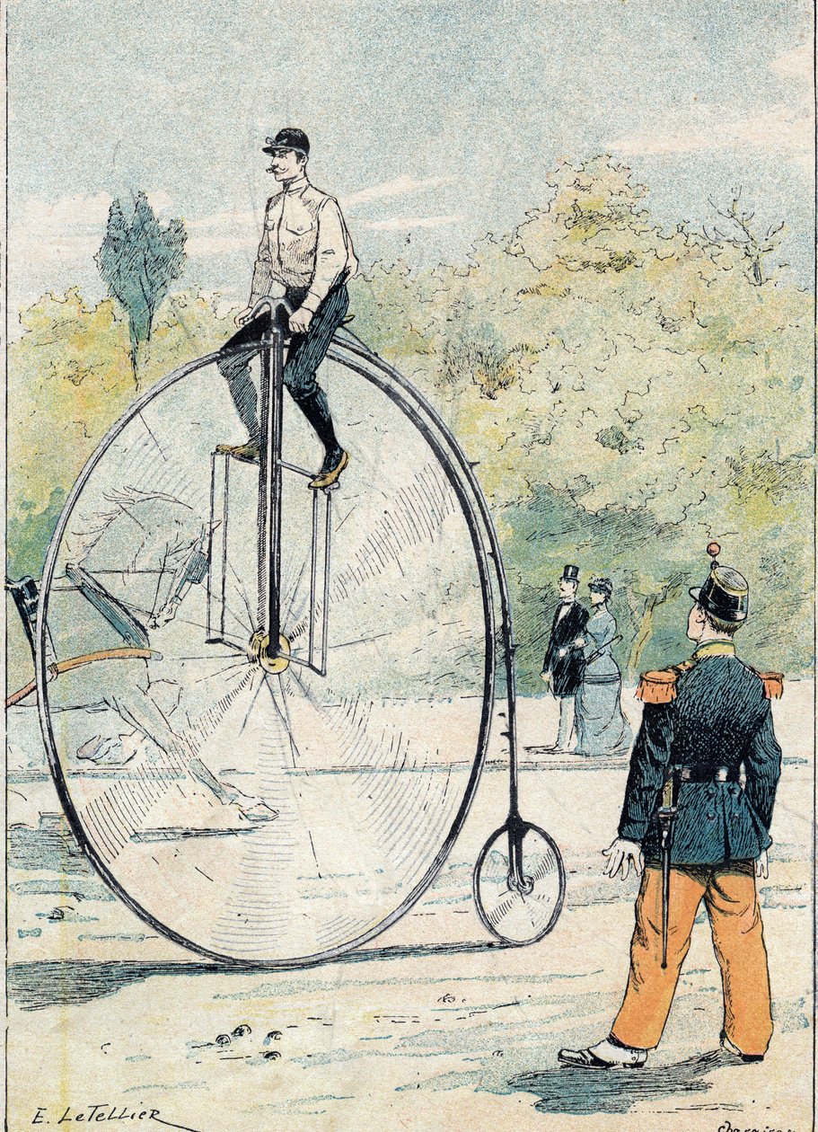 Grand bi avec diamètre de roue avant supérieur à 1,50 m - Illustration par E. Letellier - Protège-cahier historique, fin XIXe siècle - E. Letellier