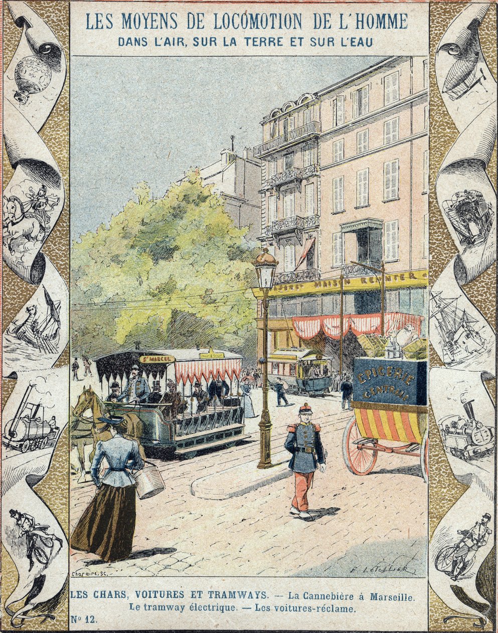 La Canebière à Marseille - le tramway électrique - les voitures réclament - illustration par E Letellier - E. Letellier