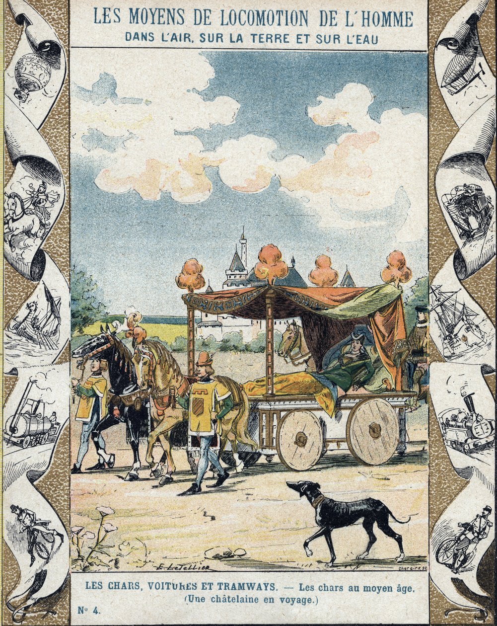 Chars au Moyen Âge - Une châtelaine en voyage - illustration par E Letellier - Cahier historique protégé, fin XIXe siècle - E. Letellier
