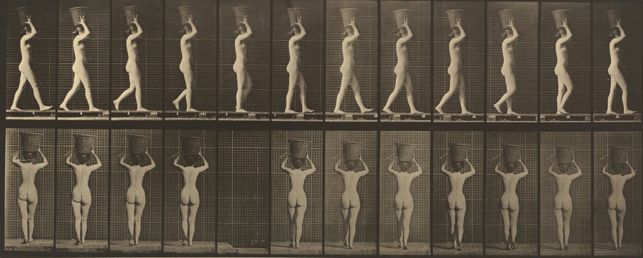 Numéro de planche 34. Marcher et porter un panier de 15 lb sur la tête, mains levées, 1887 - Eadweard Muybridge