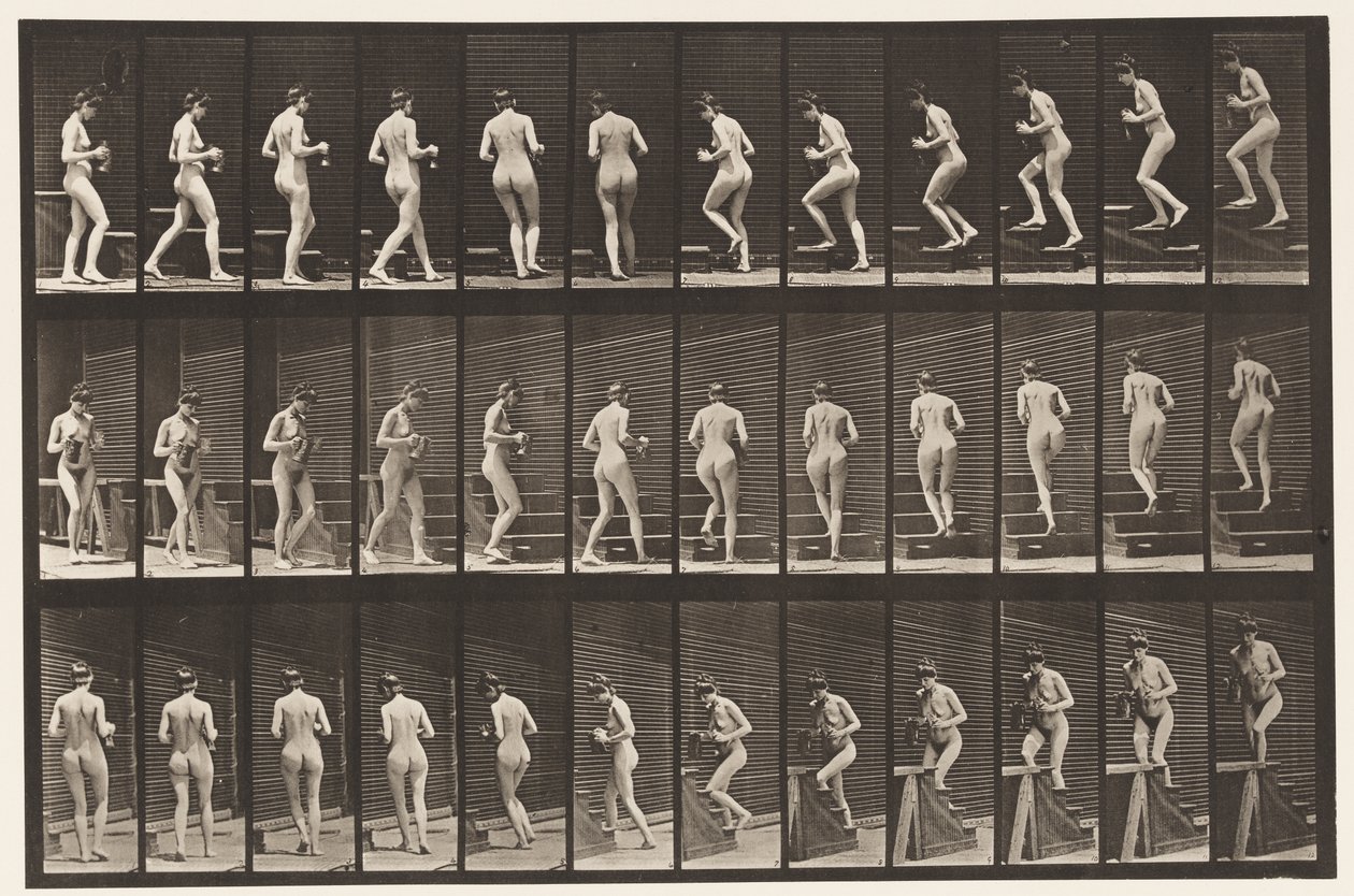 Planche 103. Tourner et monter des escaliers, pichet et gobelet en mains, 1872-1885 - Eadweard Muybridge