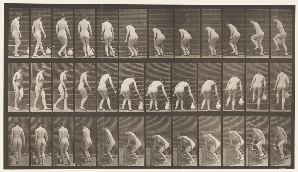 Planche 108. Tourner pour monter des escaliers, se pencher, soulever un pichet, 1872-1885 - Eadweard Muybridge