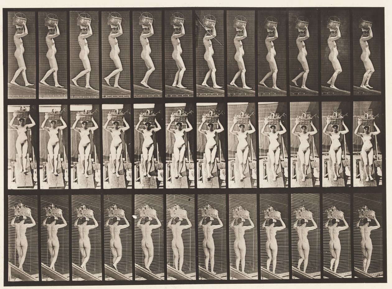 Planche 123. Descendre une pente, panier de 20 lb sur la tête, mains levées, 1872-1885 - Eadweard Muybridge