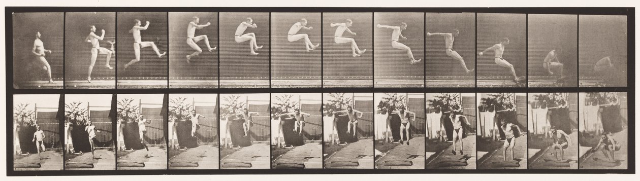 Saut; saut en longueur en course (chaussures) - Eadweard Muybridge