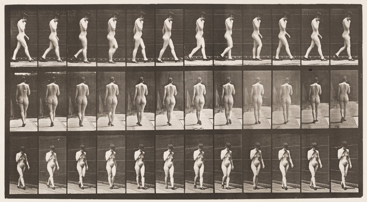 Planche 23. Marche, main droite au menton, chaussures à talons hauts - Eadweard Muybridge