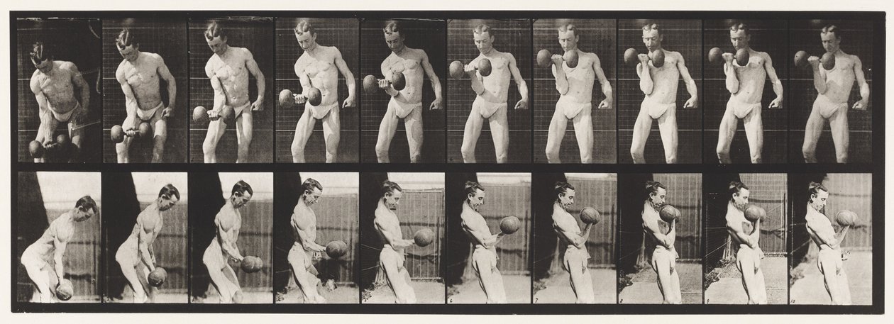 Planche 324. Boucler un haltère de 50 lb, modèle, 3/4 longueur - Eadweard Muybridge